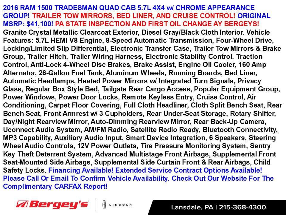 Used 2016 RAM Ram 1500 Pickup Tradesman with VIN 1C6RR7FT5GS174353 for sale in Lansdale, PA