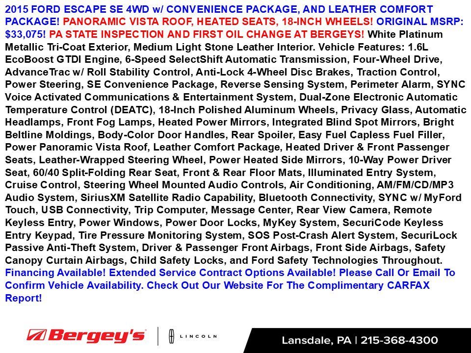 Used 2015 Ford Escape SE with VIN 1FMCU9GX2FUC39541 for sale in Lansdale, PA