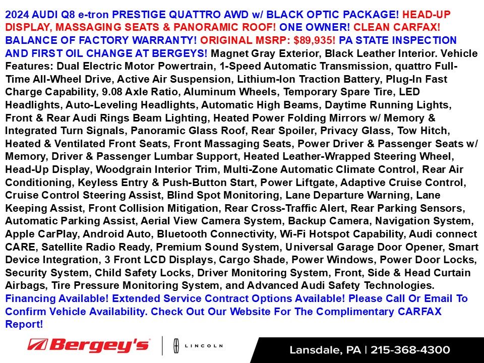 Used 2024 Audi Q8 e-tron Prestige with VIN WA16AAGE8RB020457 for sale in Lansdale, PA