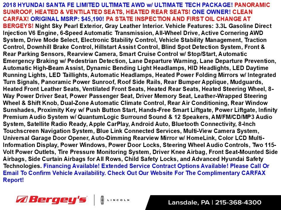Used 2018 Hyundai Santa Fe Limited Ultimate with VIN KM8SRDHFXJU276156 for sale in Lansdale, PA