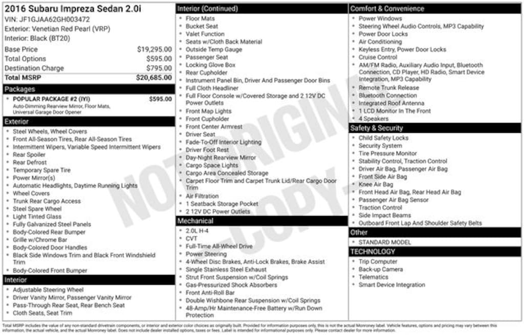 Used 2016 Subaru Impreza 2.0i Sedan