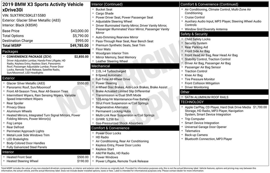 Used 2019 BMW X3 30i with VIN 5UXTR9C50KLE15580 for sale in Lenox, MA