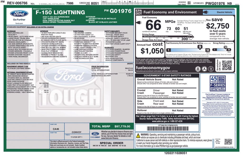 Used 2023 Ford F-150 Lightning Platinum with VIN 1FT6W1EV1PWG01976 for sale in Lenox, MA