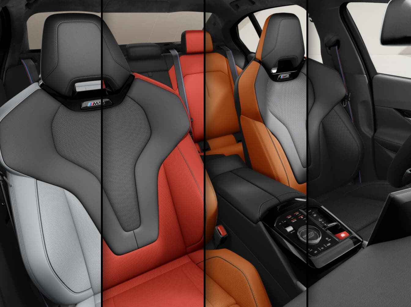 Split cross-section image showing listed BMW M5 interior colors side-by-side.