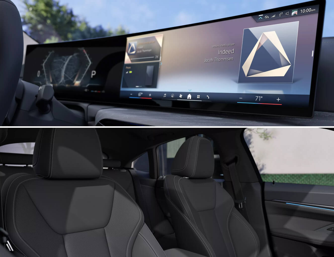 Interior close-up of BMW 4-Series widescreen navigation infotainment system. Reverse angle interior shot of 4-Series Coupe seats.