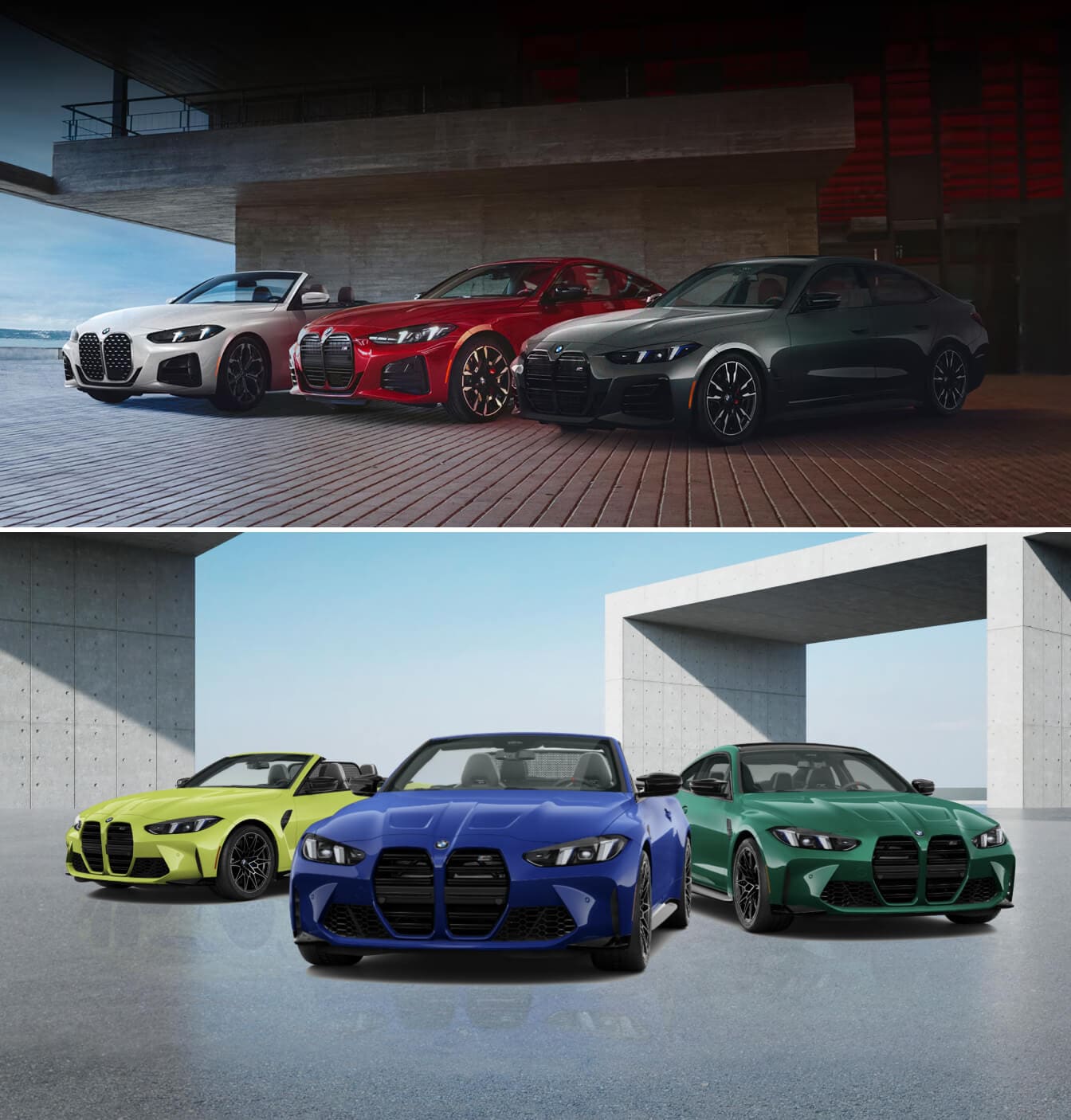 Two shots showing 4-Series colors side by side. A white convertible, red coupe and gray sedan. A neon green convertible, blue convertible and dark green coupe.
