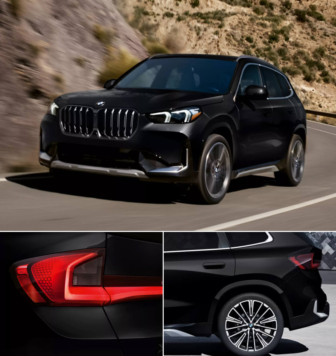Full exterior shot and two close-up exterior features of the 2026 BMW X1