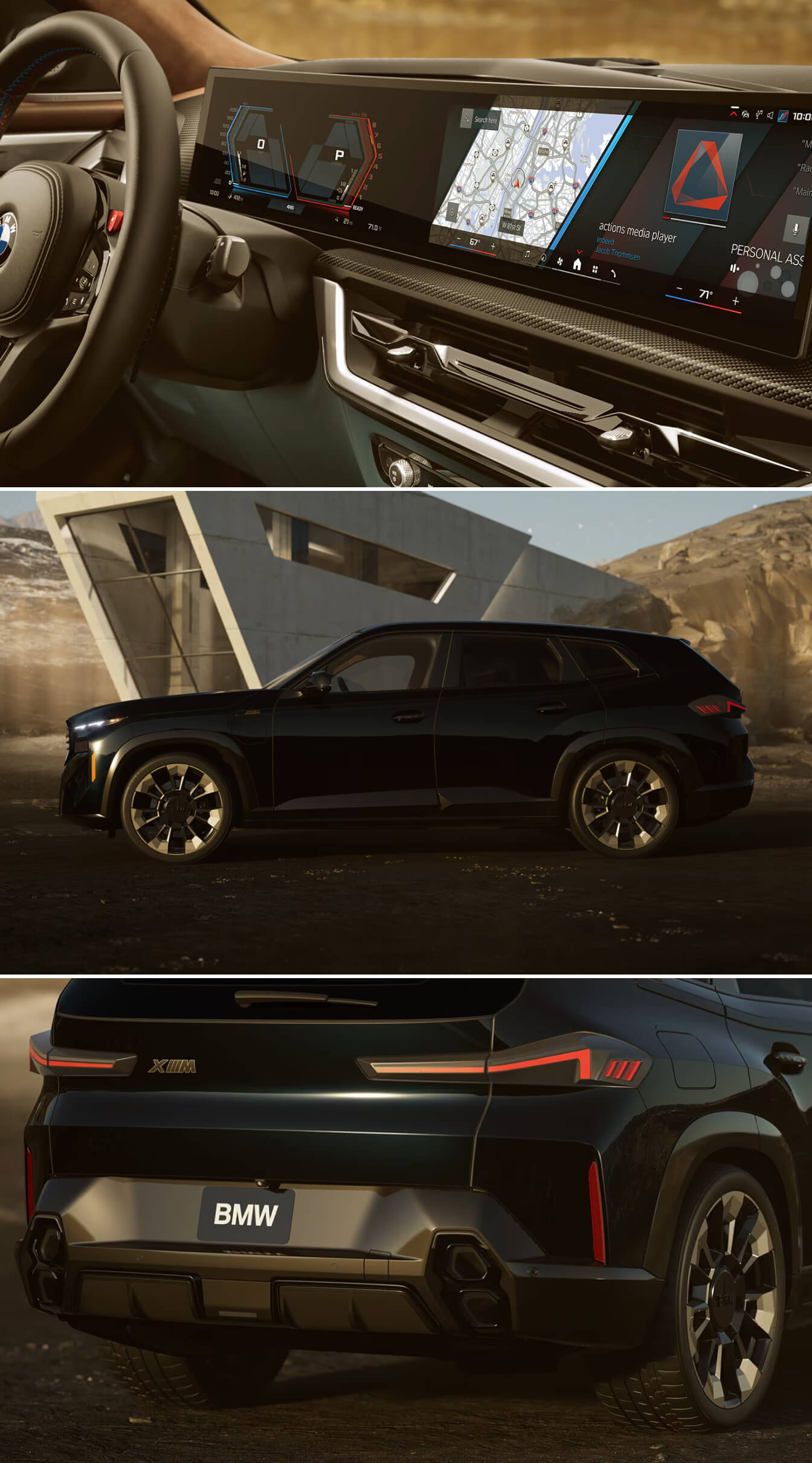 2025 BMW XM in Black Sapphire showing the curved dashboard, exterior, and rear exterior of the performance vehicle
