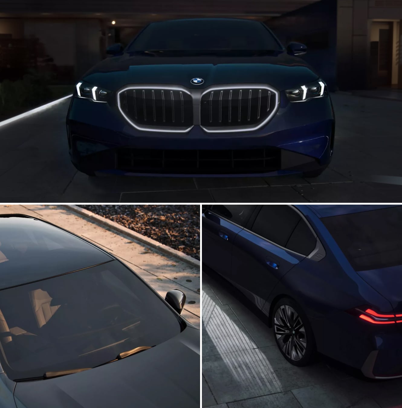 Three exterior shots of a 2026 BMW 5 Series: grill, windshield, and back-left tire & rim