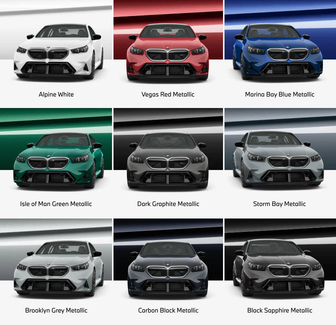 Grid showing isolated front shots of BMW M5 models in 9 of the listed colors.