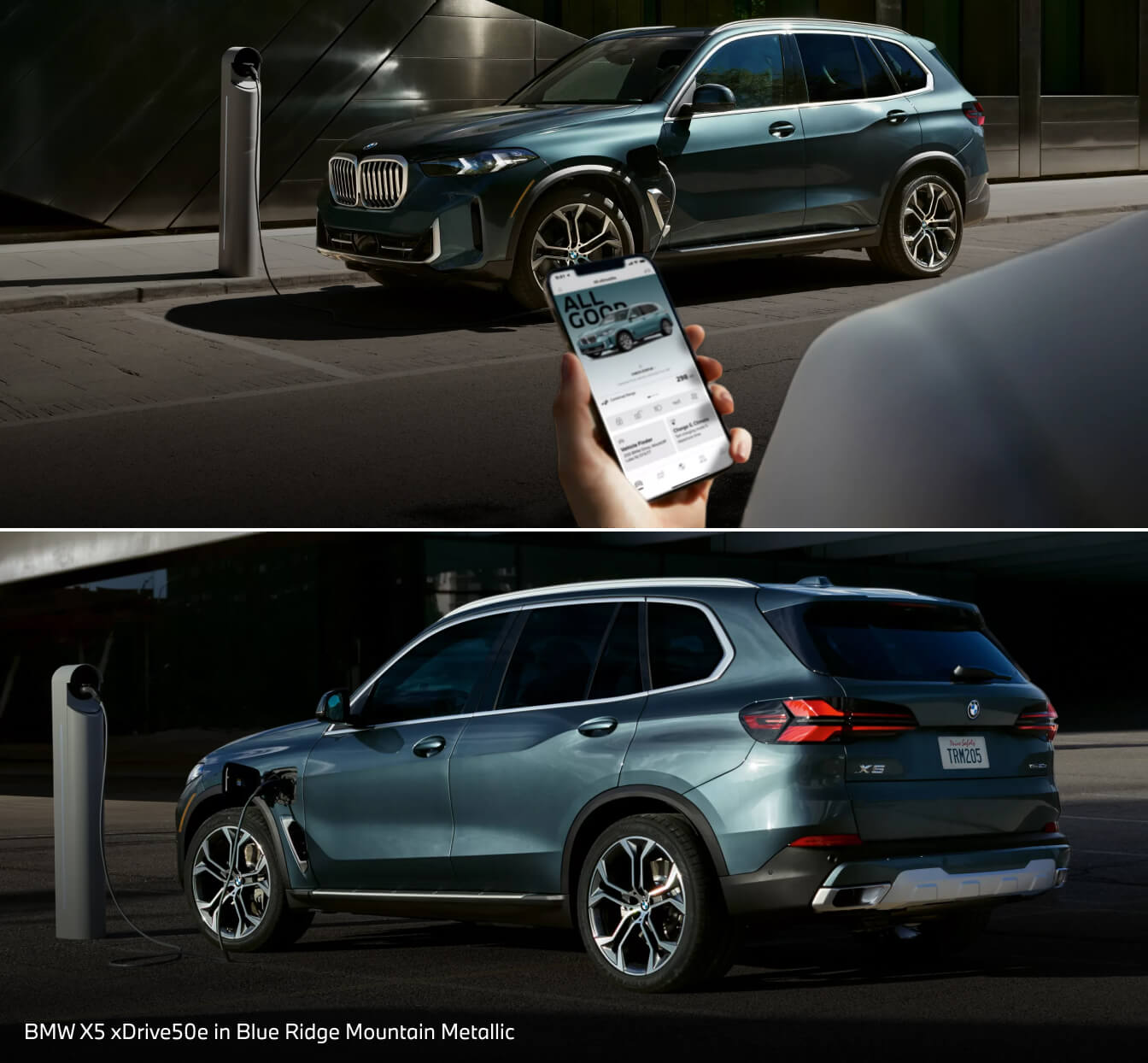 BMW X5 xDrive50e in Blue Ridge Mountain Metallic charging in a parking space, it's owner checking it's charge on a mobile phone