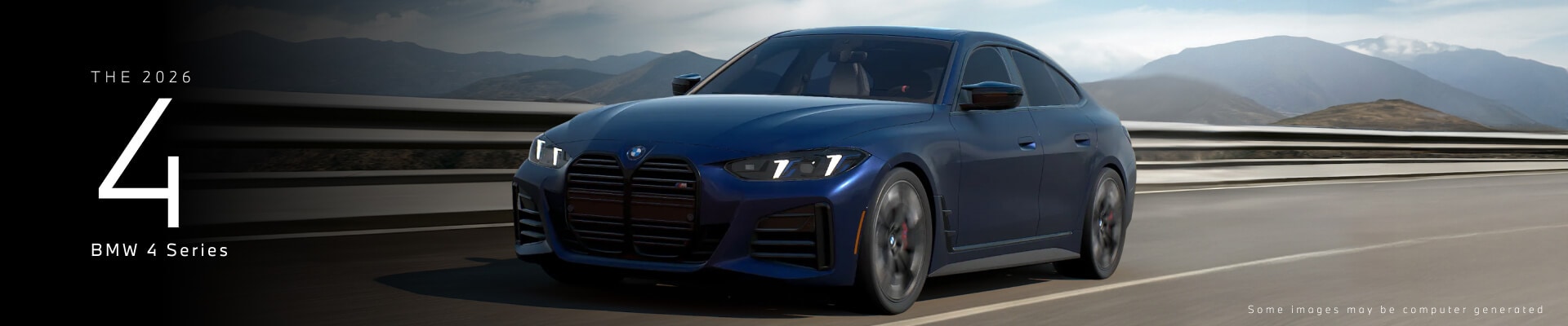 Front view of a blue BMW 4 Series M4 Sedan driving down a mountain highway.