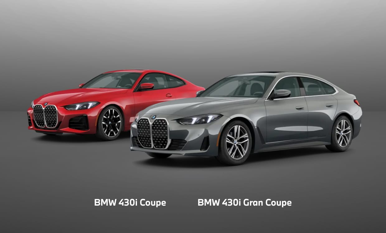Red BMW 430i Coupe and gray BMW 430i Gran Coupe shown side by side from front three-quarter angles.