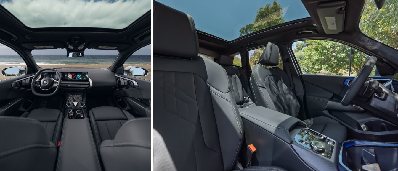 Two angles of the dashboard and front row of the new 2025 BMW X3