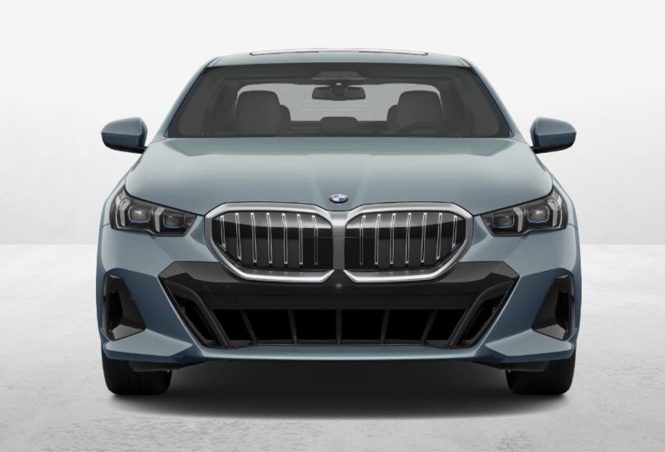 Blue-gray BMW 5 Series sedan shown from a straight-on front view against a clean studio background.
