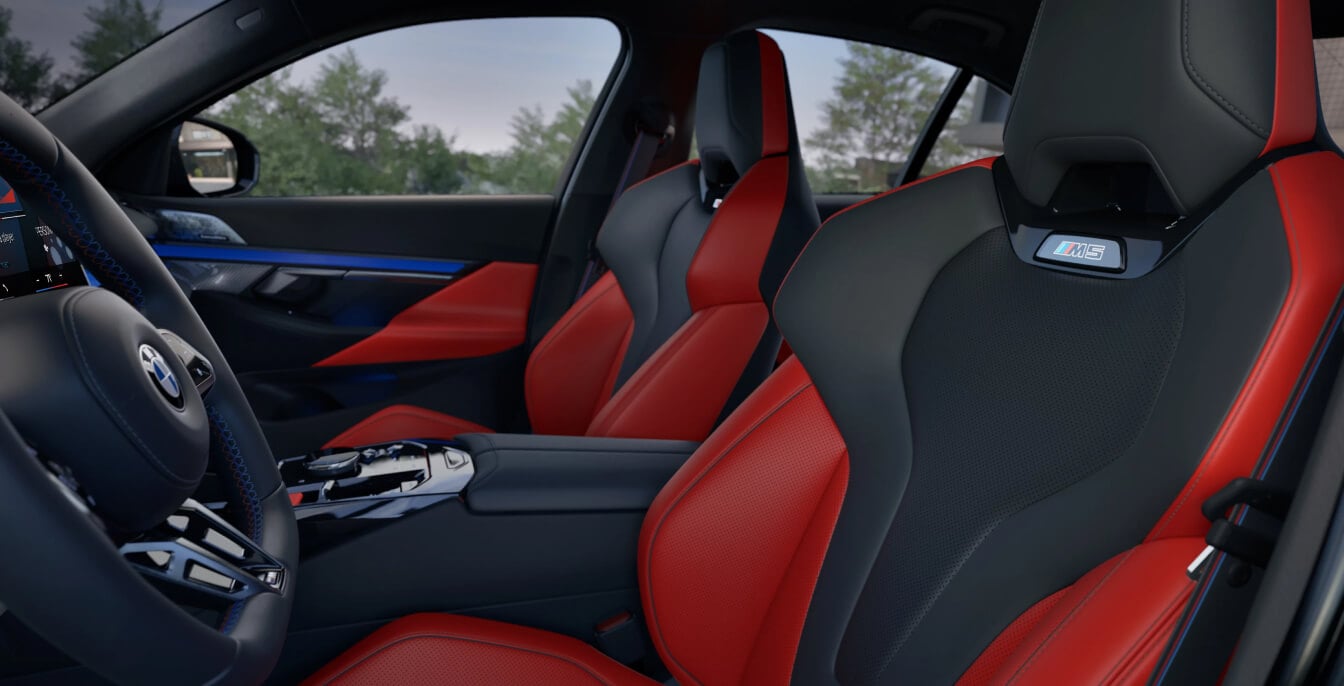 Perspective of BMW red and black interior details from outside driver window.