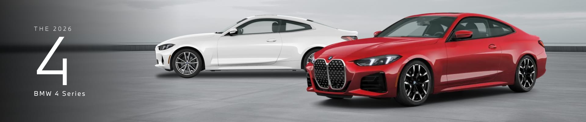 Red and white BMW 4 Series coupes shown from front three-quarter and side angles.