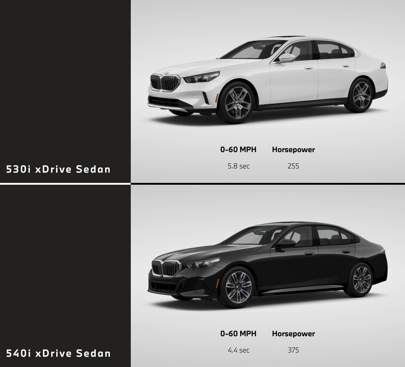 2025 BMW Series 5 Comparison: 530i xDrive Sedan in Alpine White and a 540i xDrive Sedan in Black Sapphire Metallic