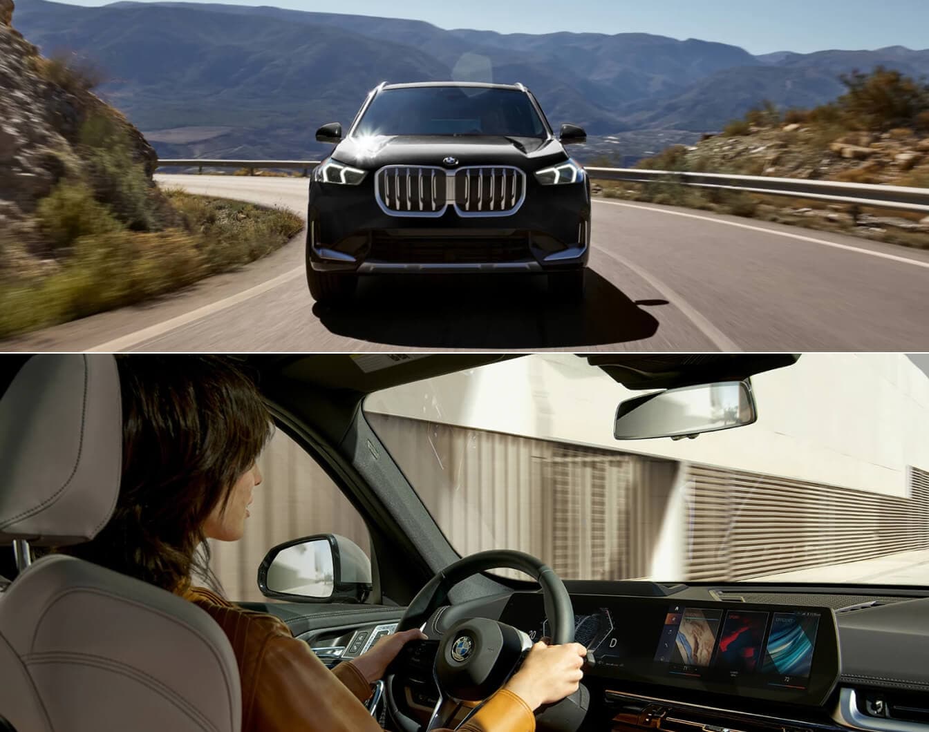 A Front view of a BMW X1 driving on a mountain road. An interior view of a driver.
