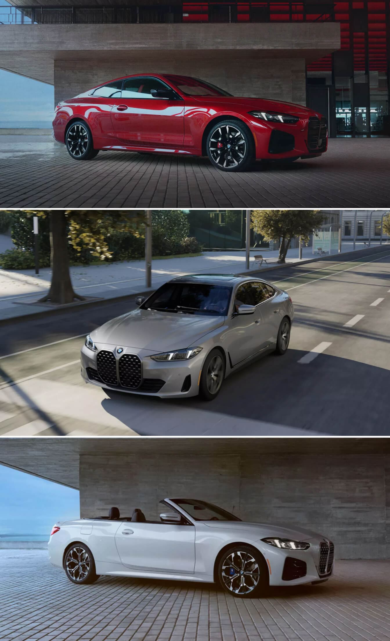 A red BMW 4 Series Coupe parked in fornt of a modernist building. A silver 4-Series Sedan driving down a city street. A white 4-Series convertible parked in a seaside parking lot.