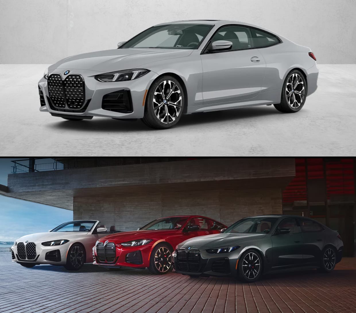 Gray BMW 430i Coupe shown above a lineup of white, red, and dark gray BMW 4 Series models.