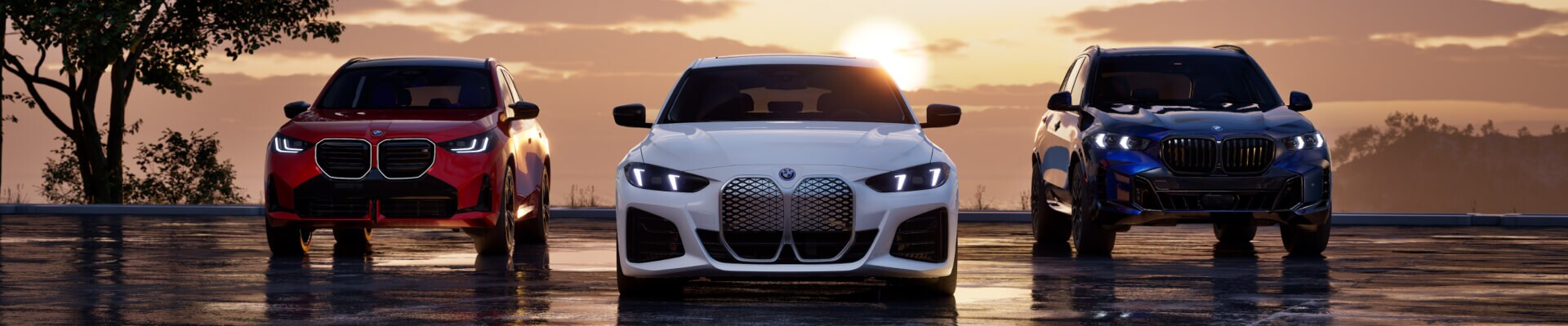 Three 2026 BMW Vehicles parked in front of a sunset: X3 in Vegas Red, i4 in Mineral White, and X5 in Marina Bay Blue