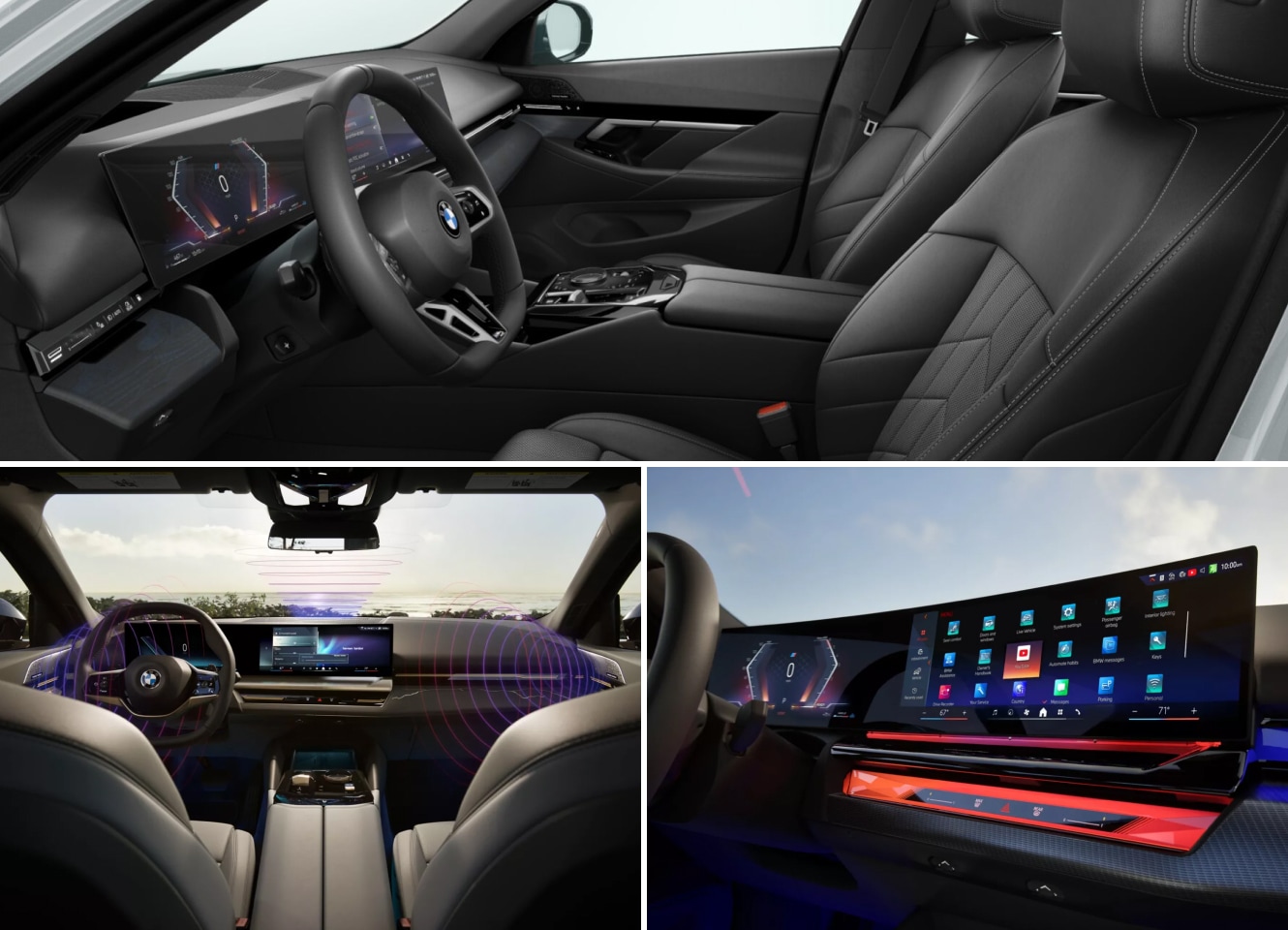 Three interior shots of a 2026 BMW 5 Series: front seat from the driver's side, front seat from the rear seat, and infotainment screen.
