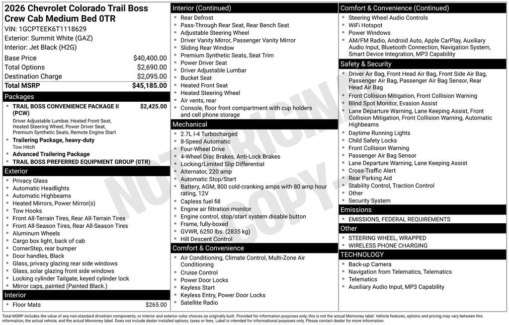 New 2026 Chevrolet Colorado Trail Boss Truck