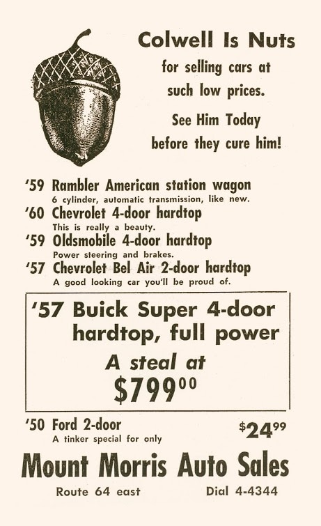 1961 Colwell is Nuts newspaper ad for Bill Colwell Sr.'s Rambler dealership in Mt. Morris, Illinois