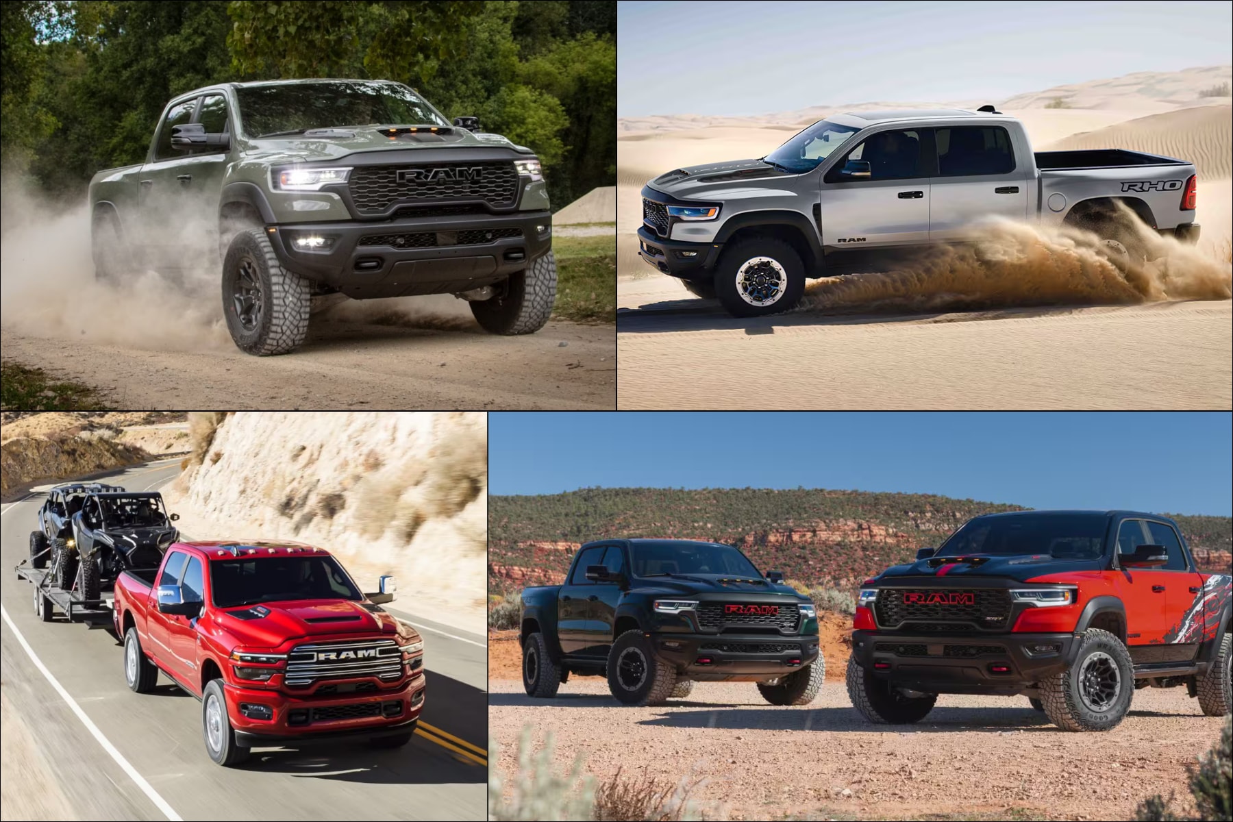 Collage of 2026 RAM Truck models: 1500, 1500 RHO, 1500 SRT TRX, 2500