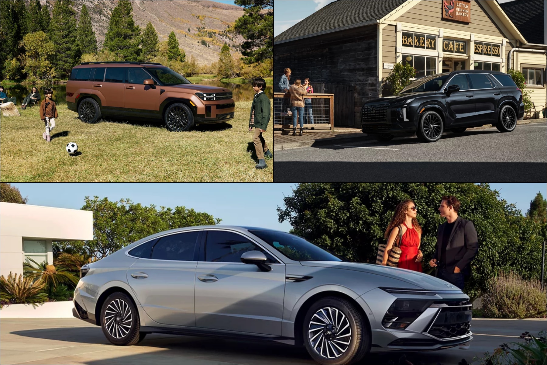 Collage of three Hyundai hybrid vehicles: Santa Fe, Palisade, and Sonata