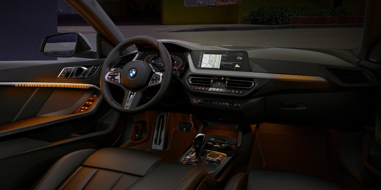 The golden illuminated interior of the BMW 2 Series Gran
Coupe.