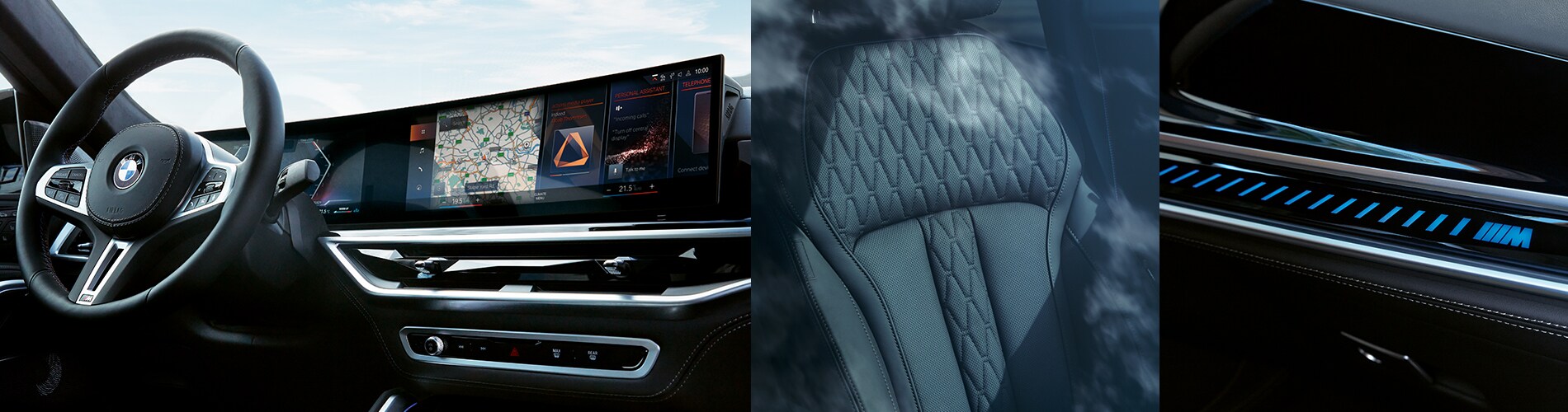 New, tech-forward BMW curved display, comfortable leather seats, and color changing dynamic light bar