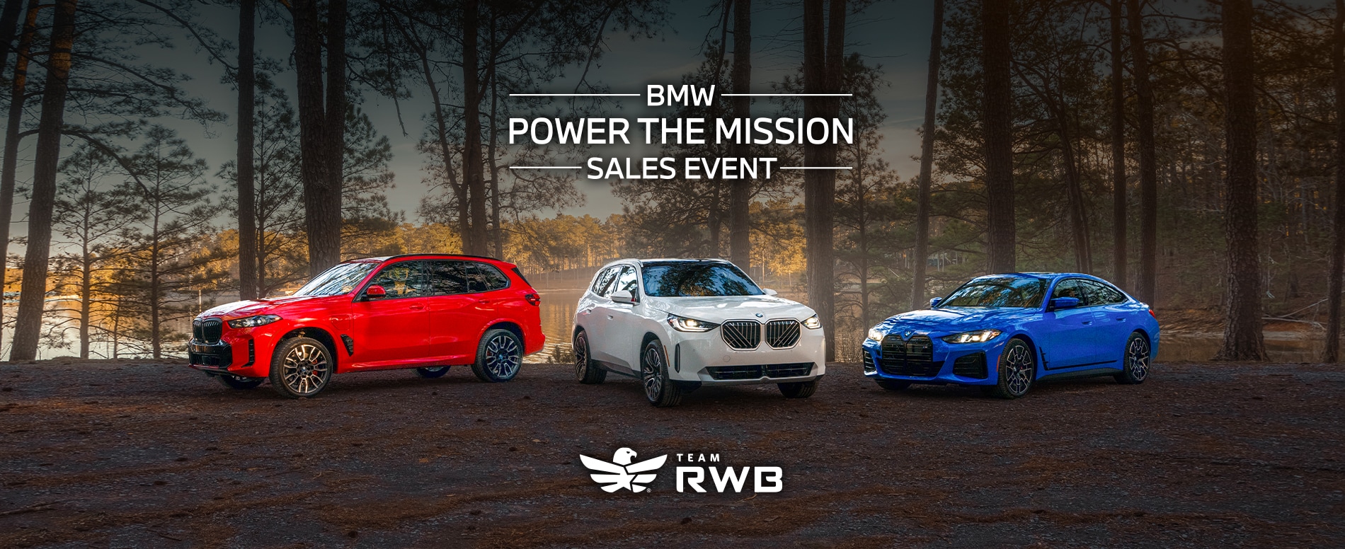 Red
white and blue BMW parked with a forest landscape