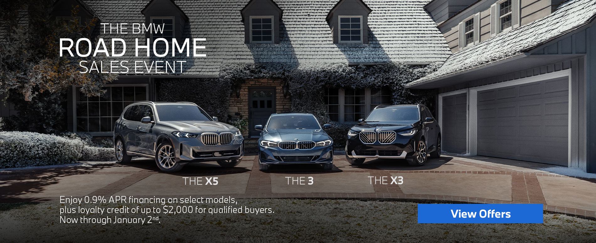 Featuring the BMW X5, 3 Series and the X3 by a snow covered house.
