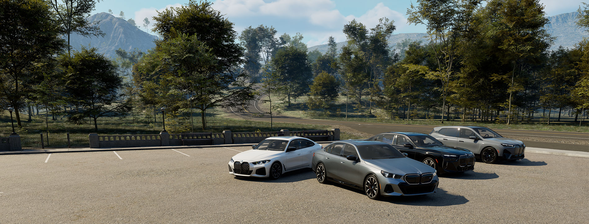 BMW i4, i5, i7 and iX parked in parking lot on side of tree lined road.
