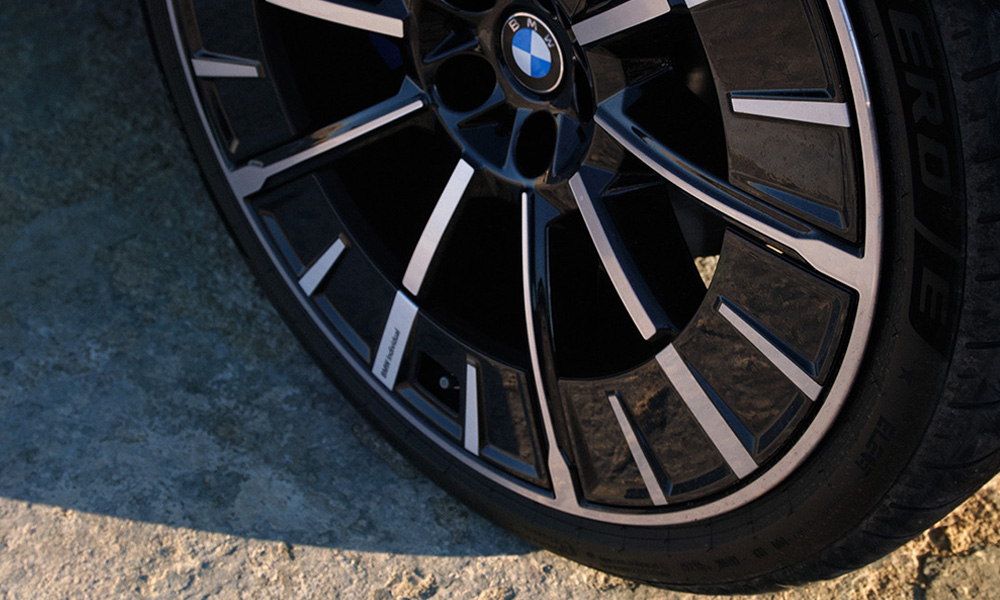 Close-up of a BMW wheel and performance tire