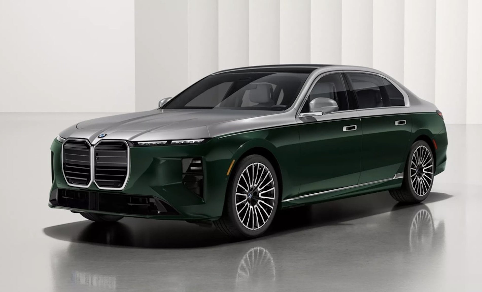 2027 BMW 7 Series Sedan exterior in green over silver two-tone, front three-quarter view