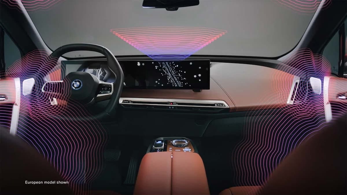 BMW iX interior with a visualization of the sound from the Bowers & Wilkins Diamond Surround Sound system