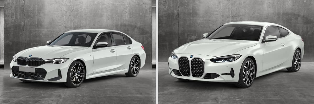 A graphic showing a BMW 3 Series next to a BMW 4 Series