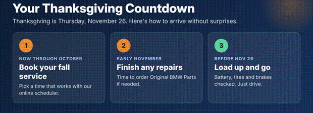Fall service countdown for BMW of Columbus: book in October, finish any repairs in early November, road-ready before Thanksgiving on November 26.