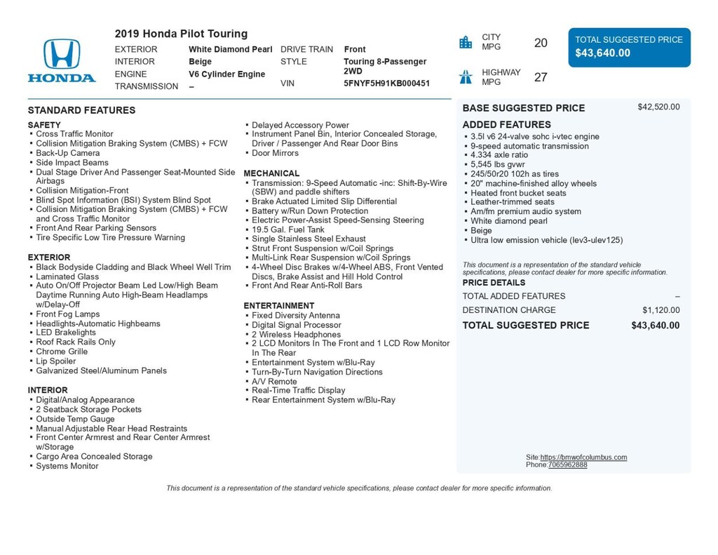 Used 2019 Honda Pilot Touring 8-Passenger SUV