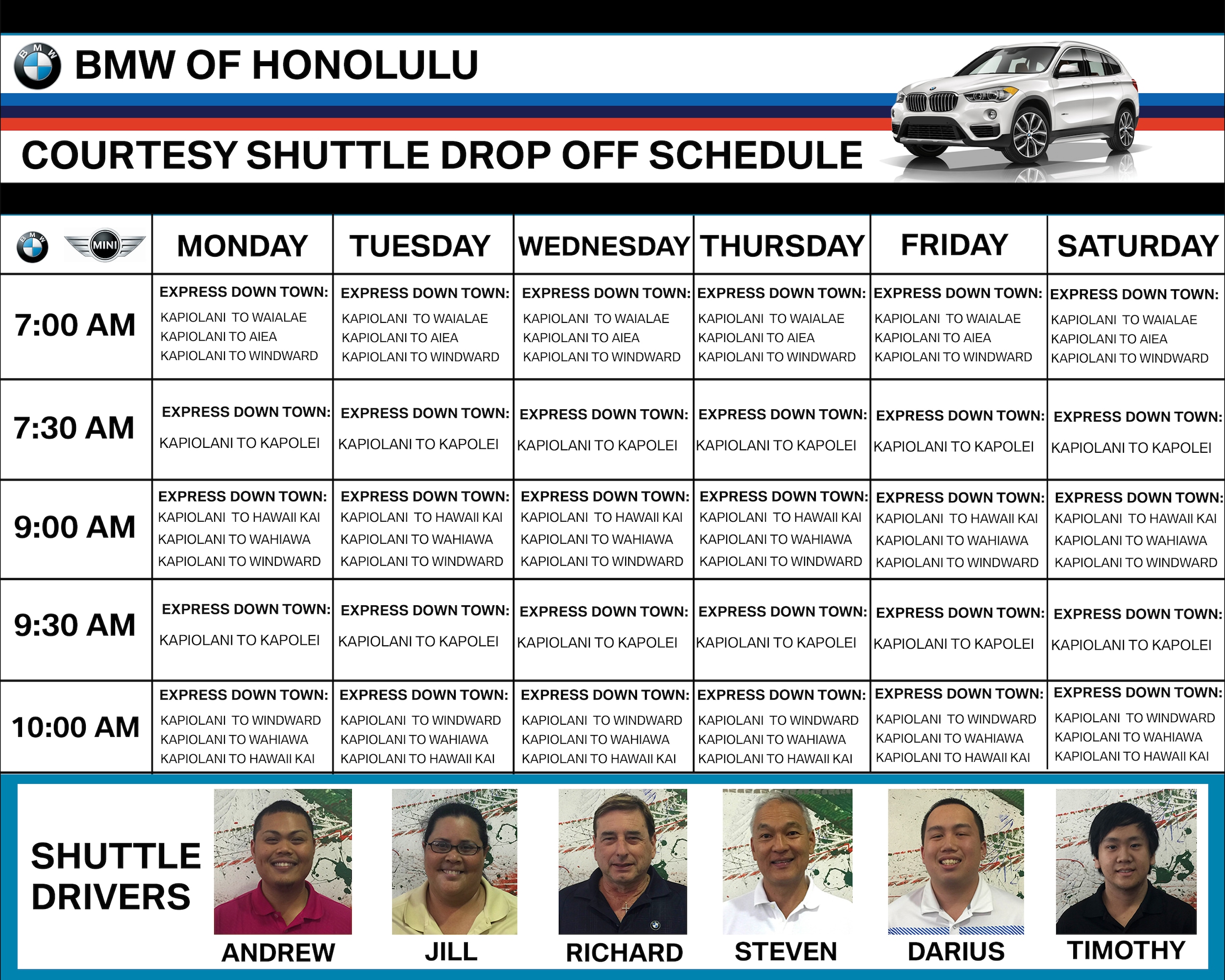 Shuttle Schedule | BMW of Honolulu