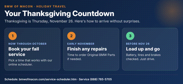 Fall service countdown for BMW of Macon: book in October, finish any repairs in early November, road-ready before Thanksgiving on November 26