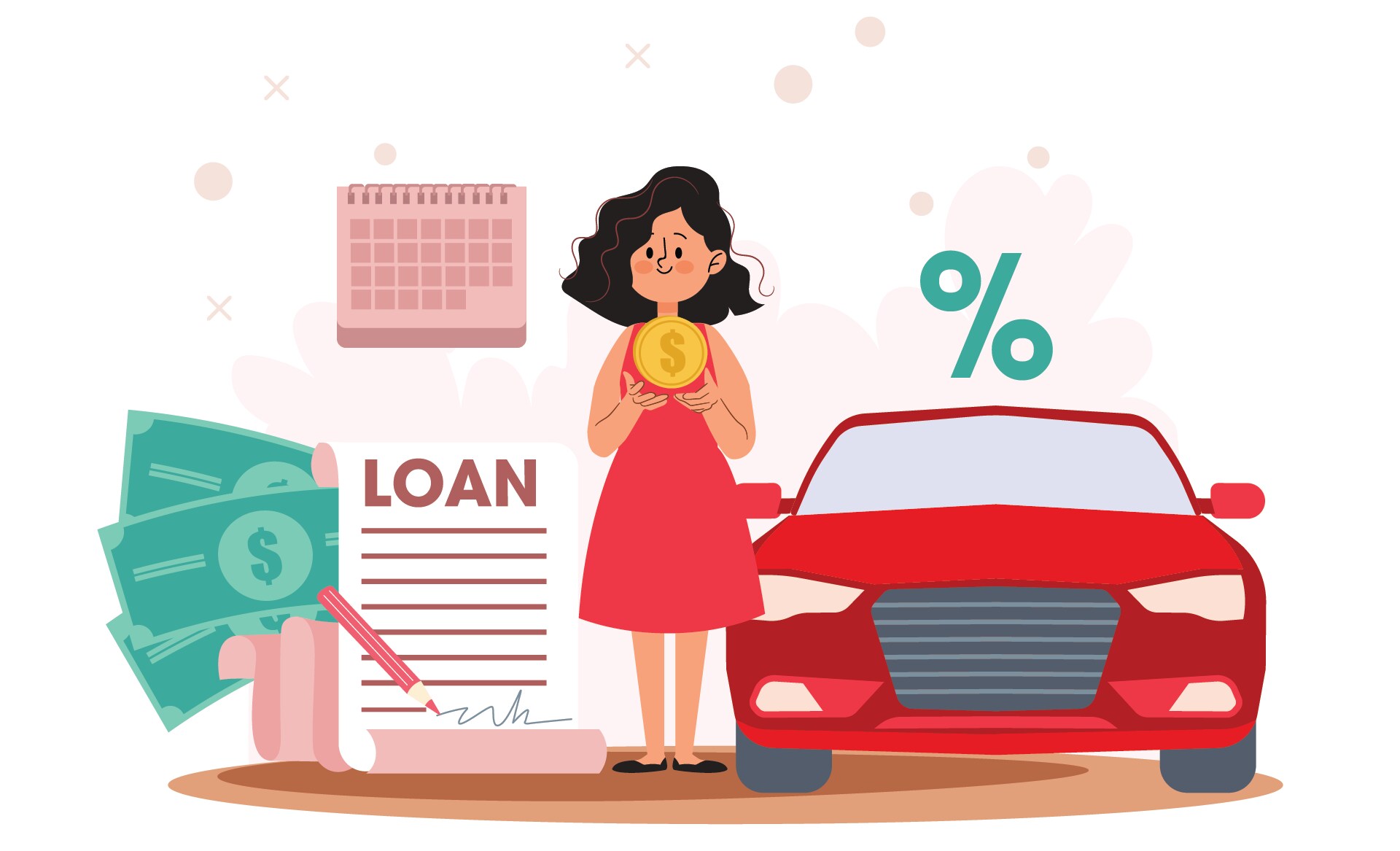 Defining APR at Bobby Rahal Acura in Mechanicsburg, PA | Illustration of Woman Wearing Red Dress Holding Gold Coin Standing Next to Large Sized Loan Paper with Dollar Bills on Their Left and Red Car with Percentage Symbol Above it on their Right
