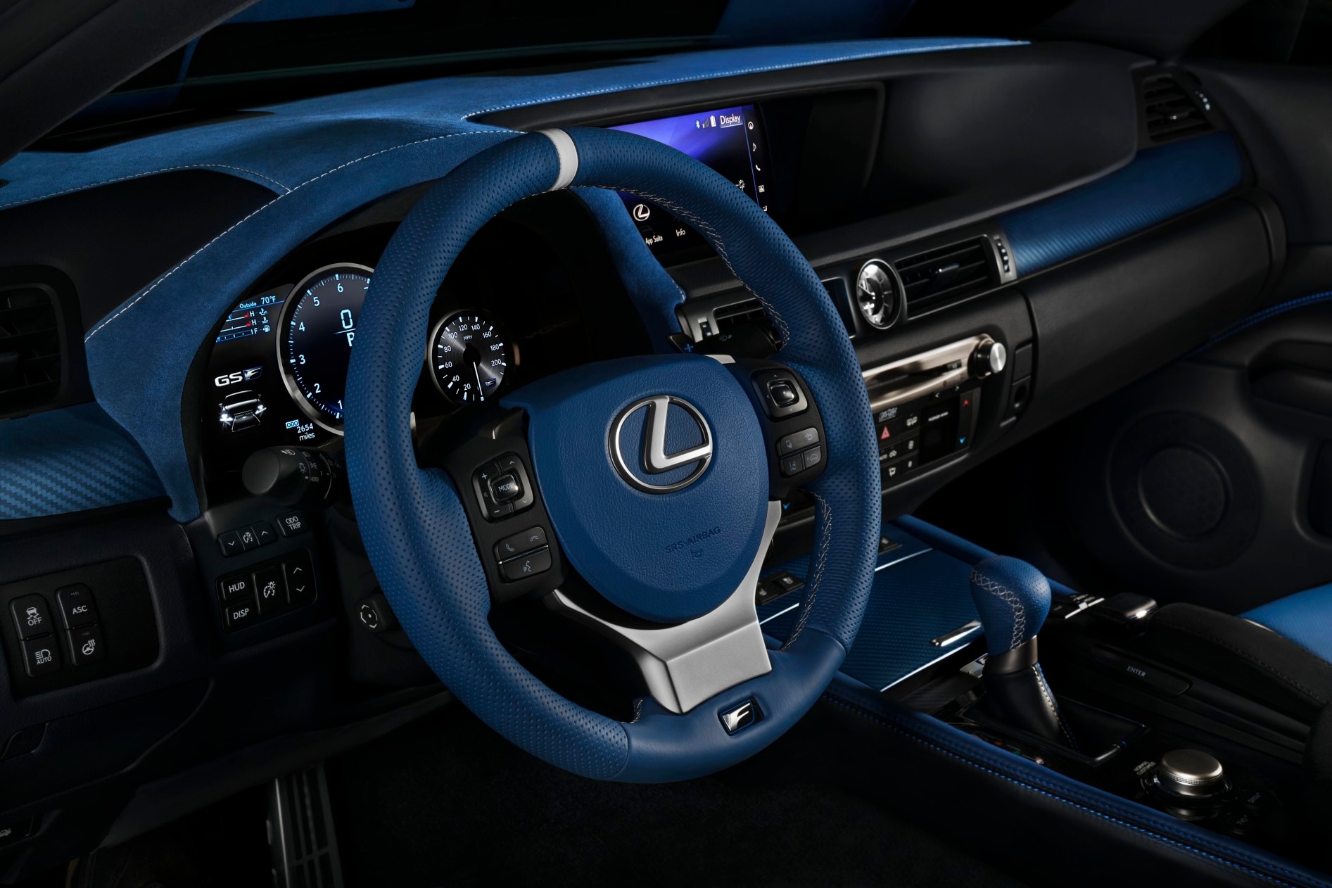 Model features of the 2020 Lexus GS and GS F Sport at Bobby Rahal Lexus of Lewistown | Blue trim steering wheel of the Lexus GS F