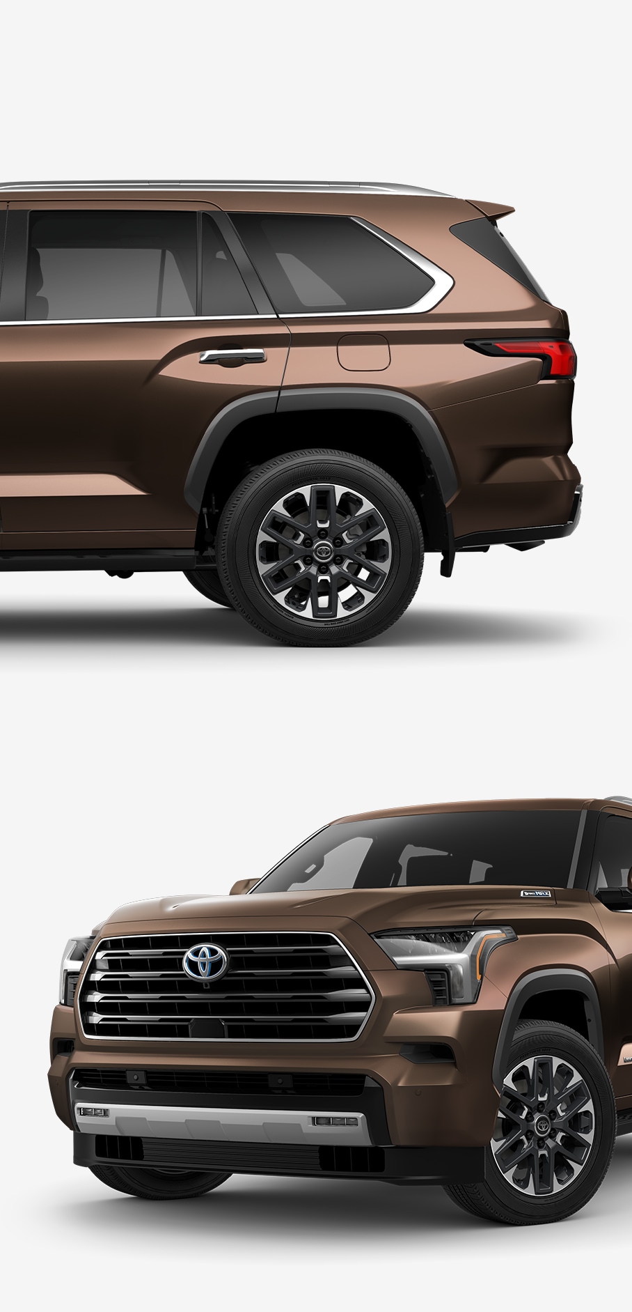 2023 Toyota Sequoia at Bobby Rahal Toyota in Mechanicsburg, PA | Side rear of a brown 2023 Toyota Sequoia / Front grill of a brown 2023 Toyota Sequoia