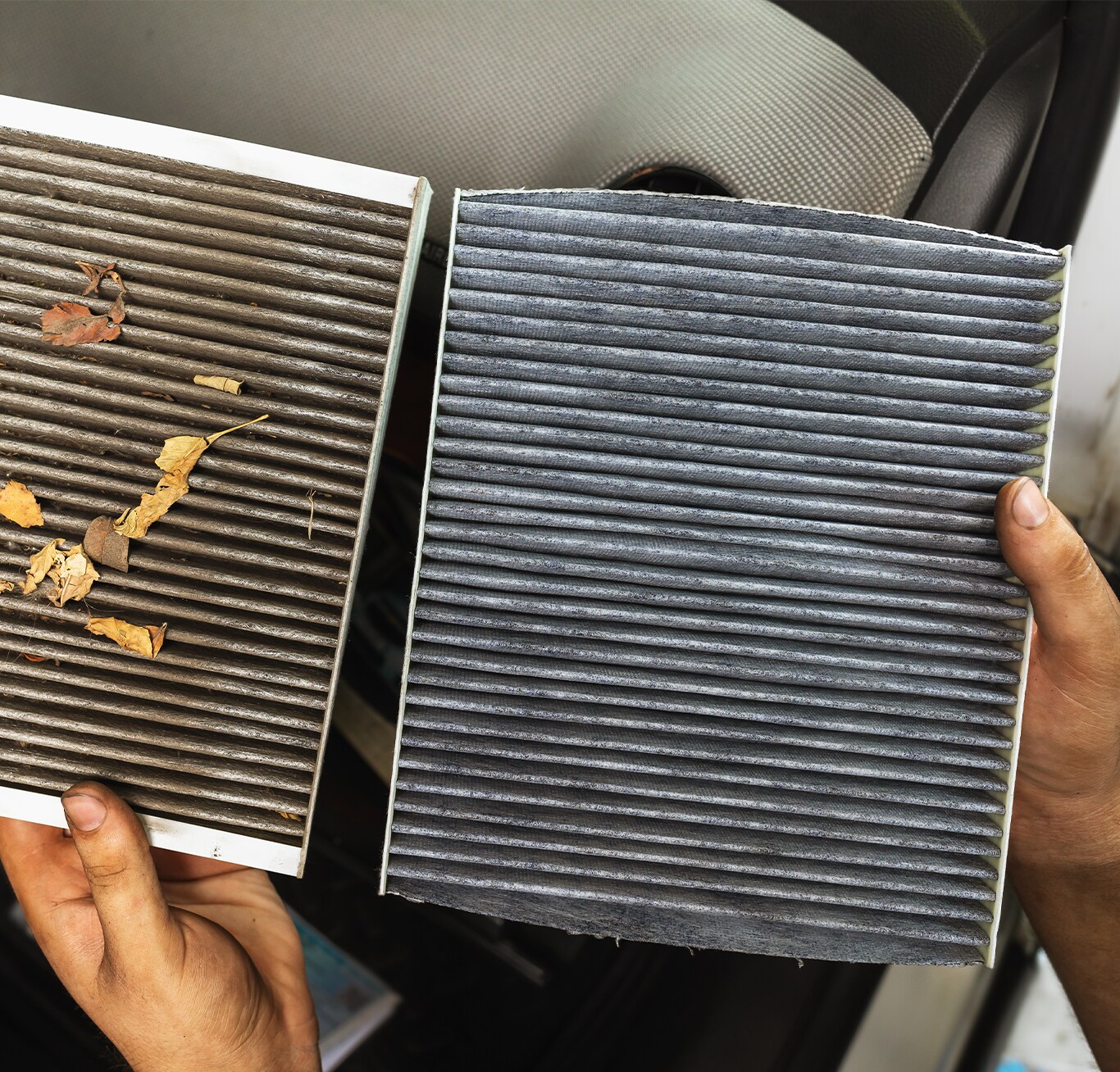 Cabin air filter replacement at Bobby Rahal Toyota | Dirty cabin air filter on left and clean cabin air filter on right