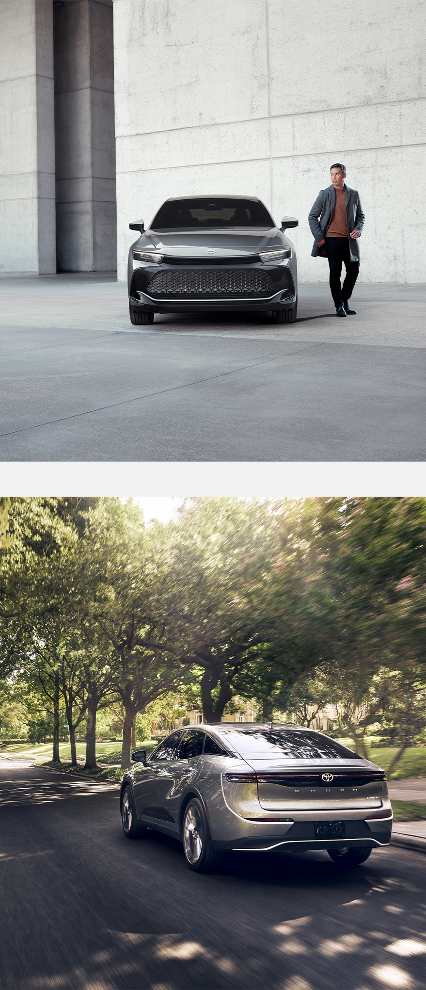 2023 Toyota Crown at Bobby Rahal Toyota in Mechanicsburg, PA | Front view of a grey 2023 Toyota Crown with a man walking beside it / Rear view of a 2023 Toyota Crown driving down neighborhood road with trees 