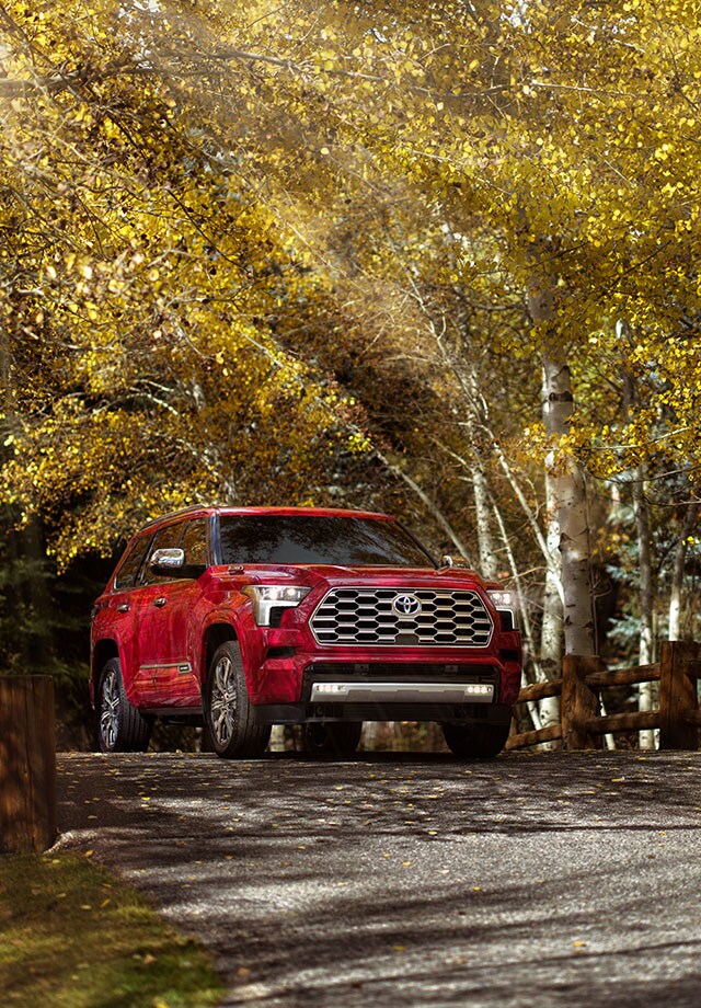 Model Features of the All-New 2023 Toyota Sequoia at Bobby Rahal Toyota | Red 2023 Toyota Sequoia Driving Through Forest Facing Right